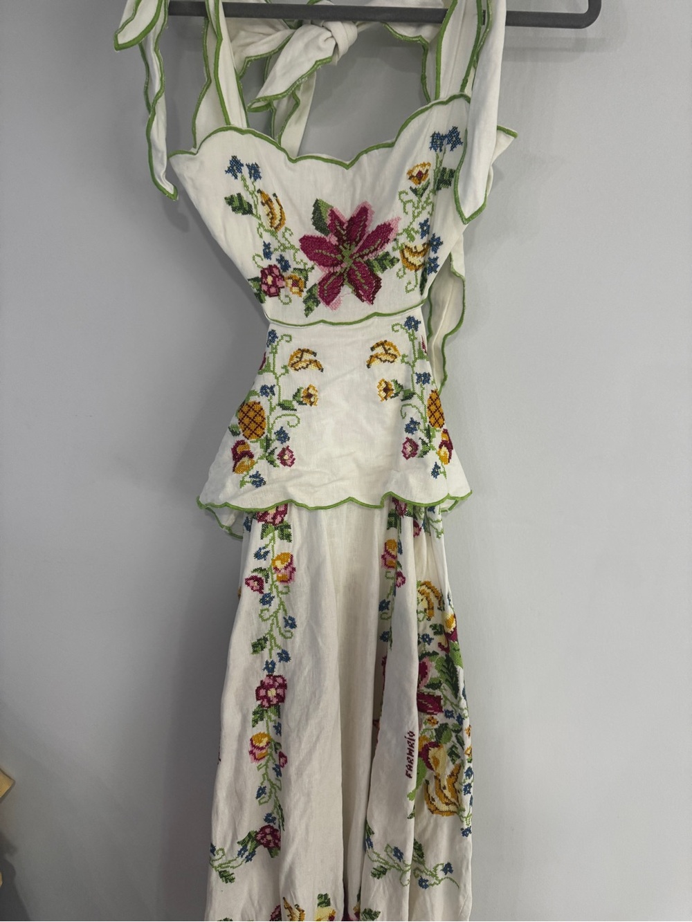 Farm Rio Tropical Romance Ivory Embroidered Floral Cutout Dress with Green Trim - Picture 4 of 6